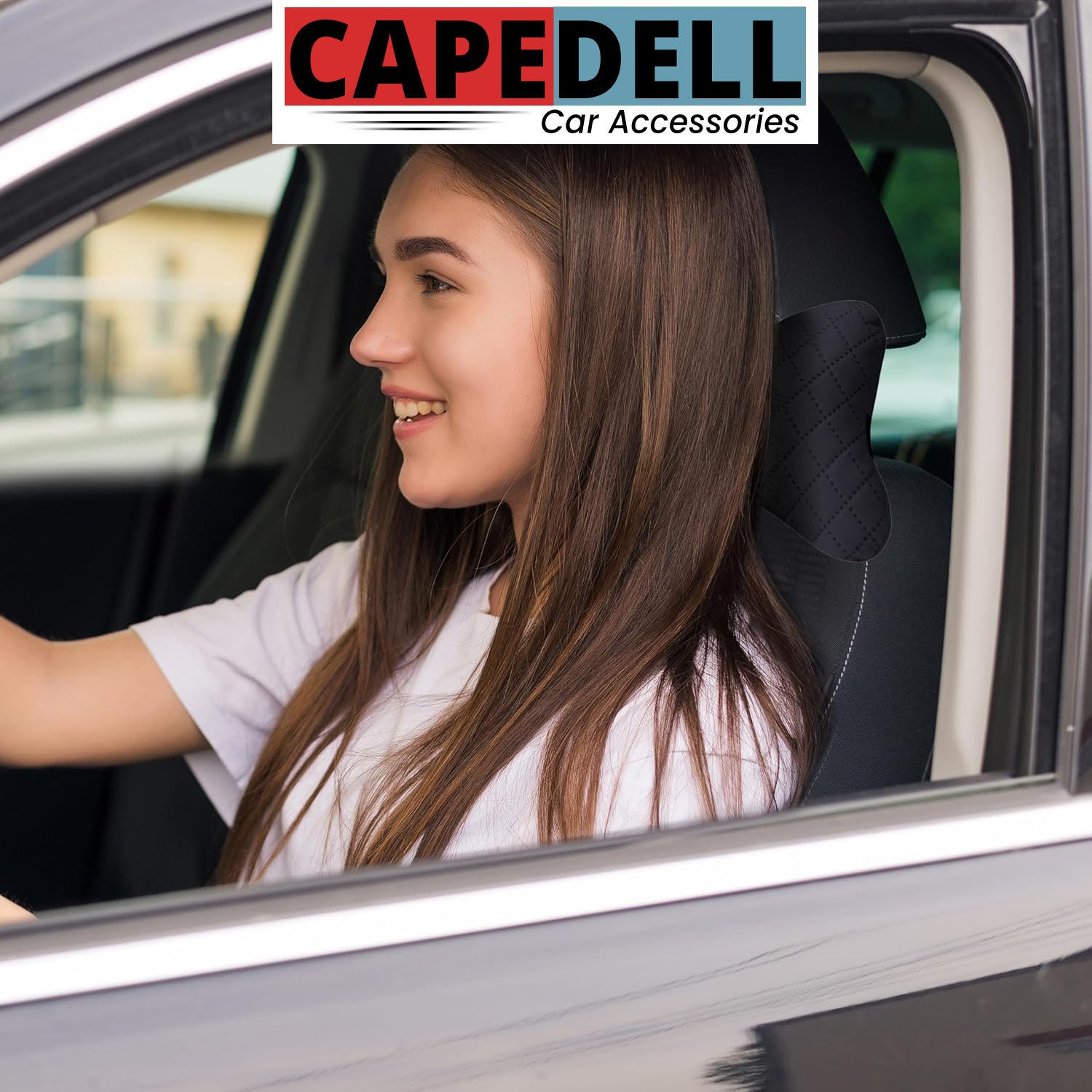 Capedell Premium Memory Foam Car Neck Rest Pillow – Universal Leatherette Car Headrest Cushion with Diamond Stitching | Ergonomic Neck Support for Long Drives | Luxury Car Interior Accessory (pack of 2) - Image 4